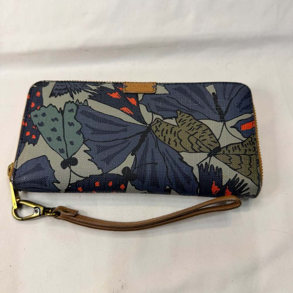 Fossil Blue Butterfly Moth Print Vegan Leather Zip Around Clutch Wristlet Wallet